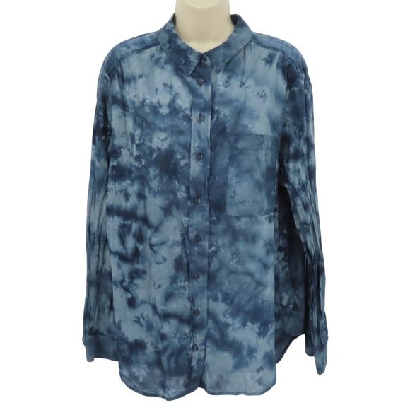 Pilcro Women Extra Large XL Blue Tie Dye Long Sleeve Button Collared Shirt Top - Picture 1 of 11